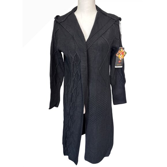 Fashion Cashmere Sweaters - Cashmere Womens Long Black Cardigan Sweater Hoodie W/Cable Knit Pattern Soft
